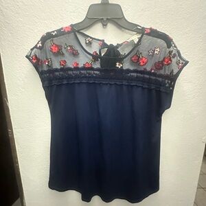 Faith and Joy Navy Blouse with Red Floral Embroidery
